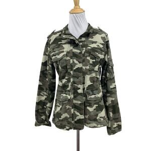 Kensie Jeans Jacket Womens M Medium Denim Camo Utility Full Zip Long Sleeve